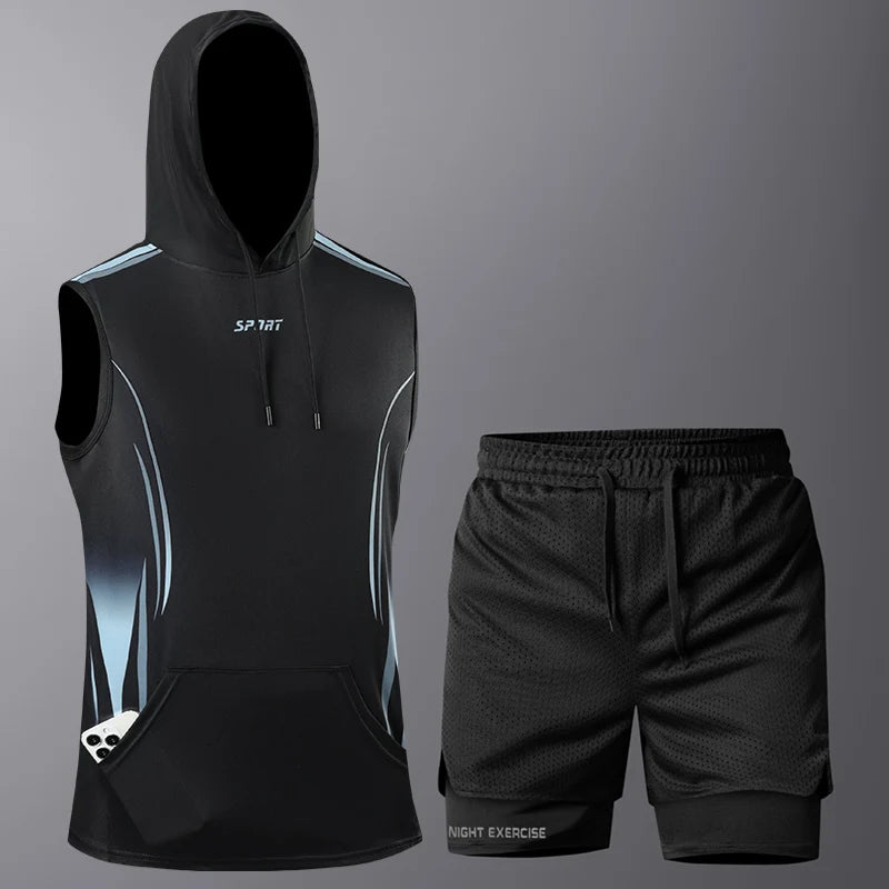 Men's Quick-Dry 2-Piece Sportswear Set - Hoodie T-Shirt & Shorts for Gym Training and Jogging